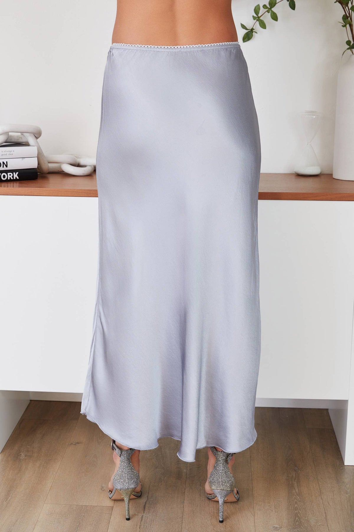 Silky Slip Skirt With Lace Elastic Waistband | Silver