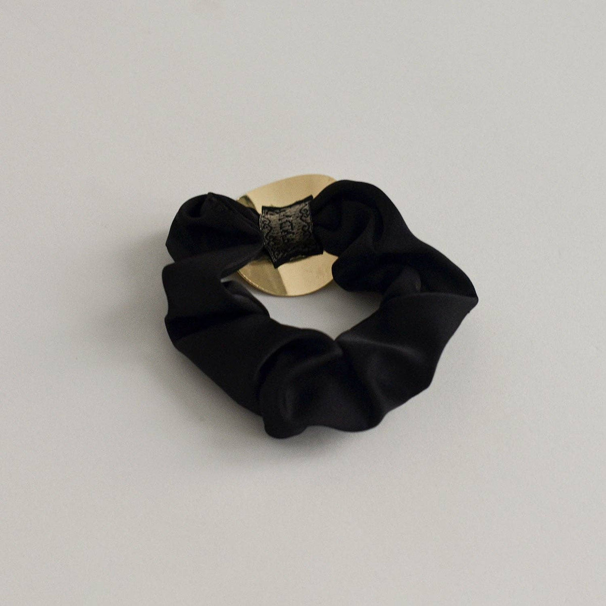 Satin Scrunchie with Round Gold Charm | Black
