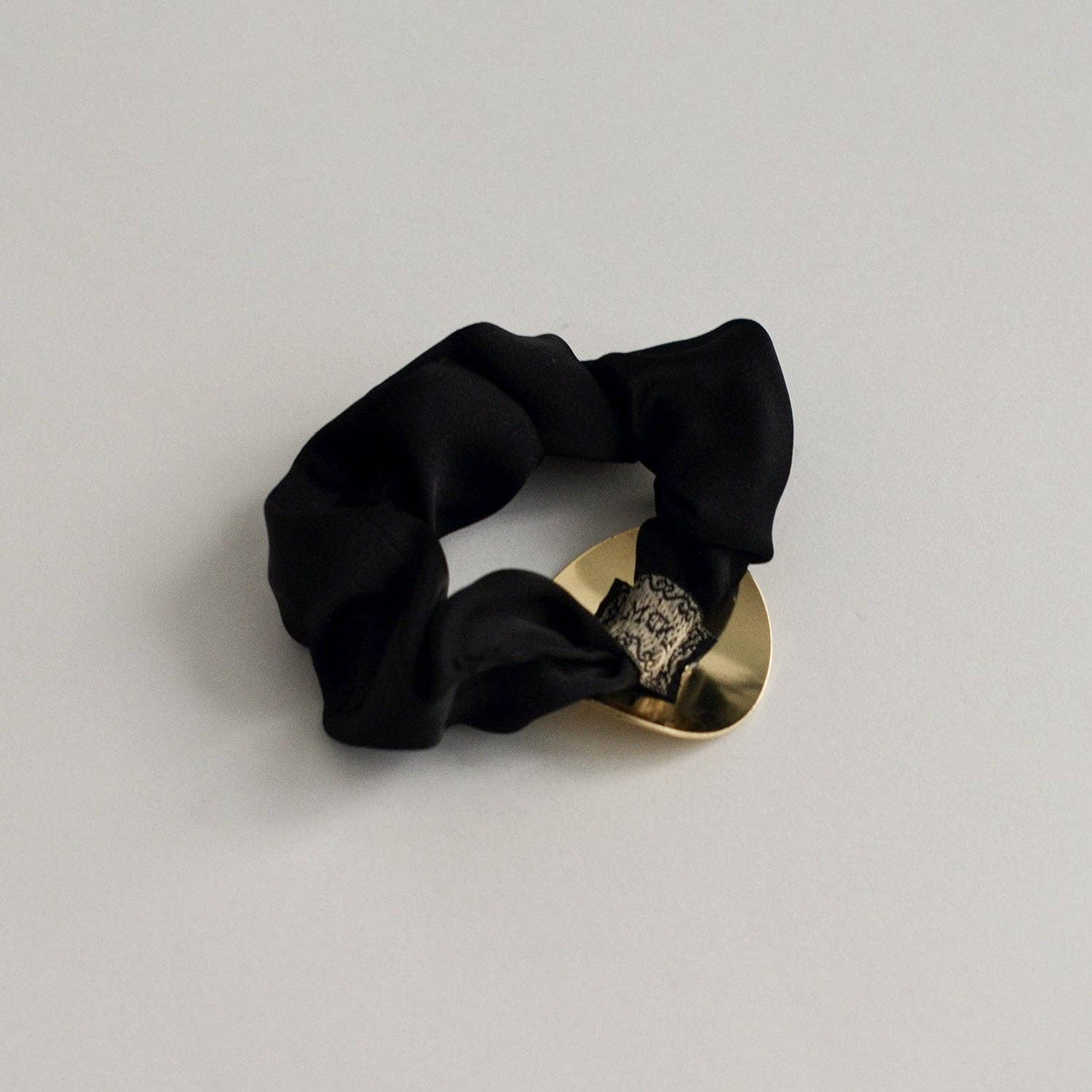 Satin Scrunchie with Round Gold Charm | Black