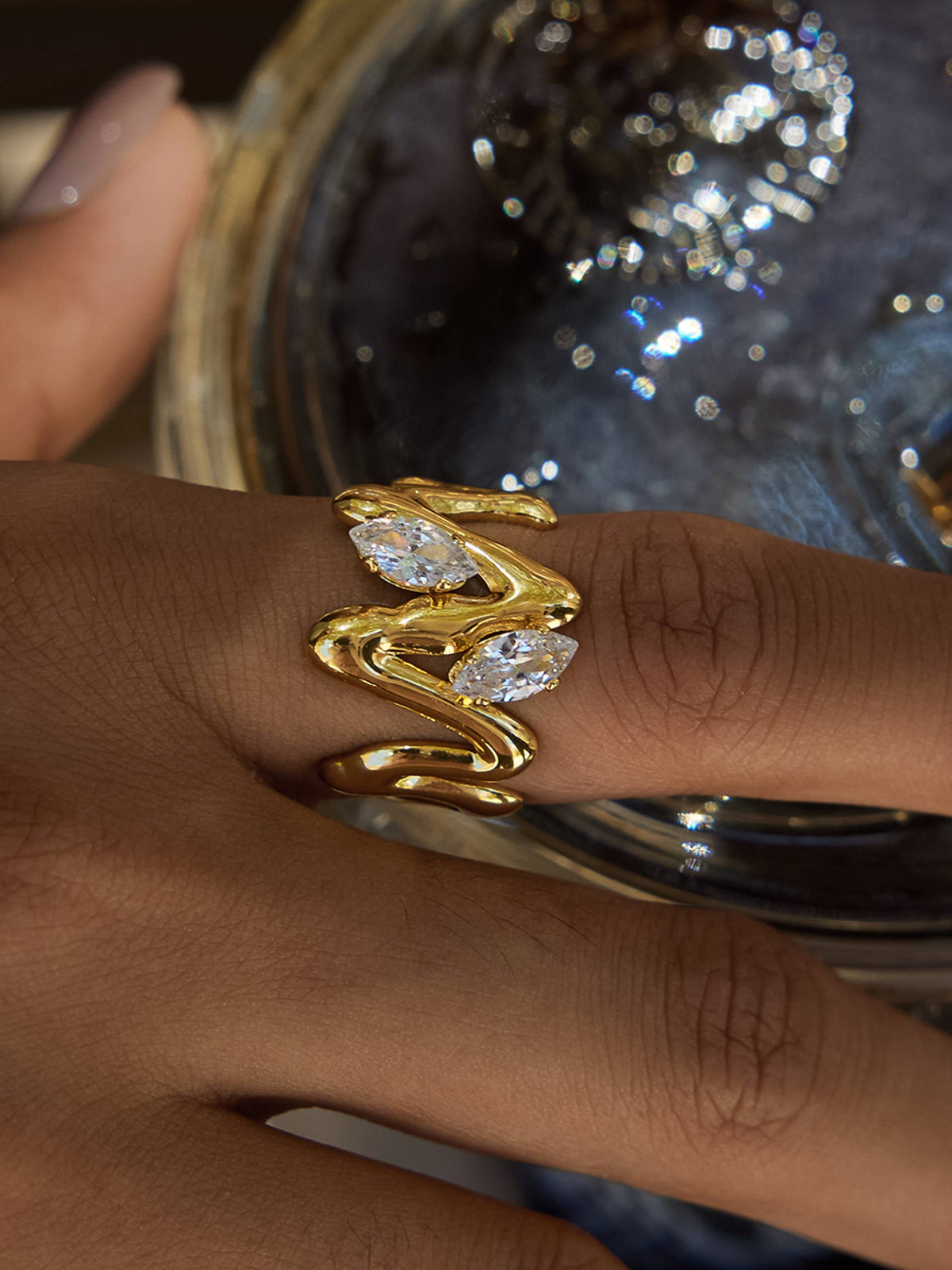 Lumi Abstract CZ Open Ring: Yellow Gold