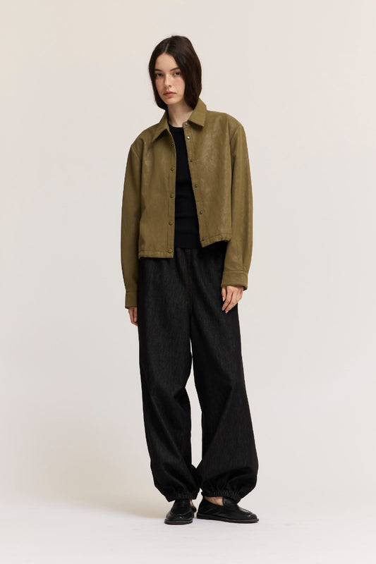 Vegan Leather snap button jacket | Olive