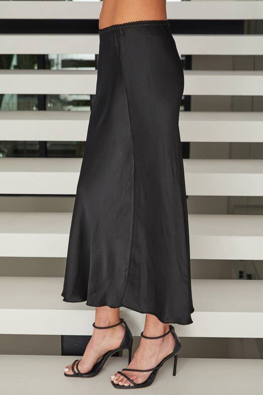Silky Slip Skirt with Lace Elastic Waistband