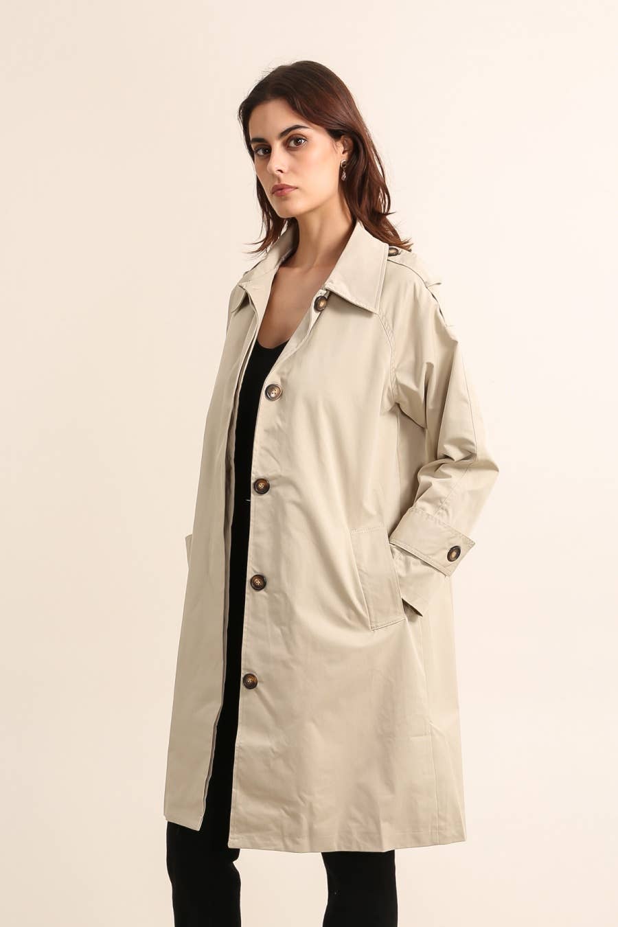 Long trench coat with hidden buttons