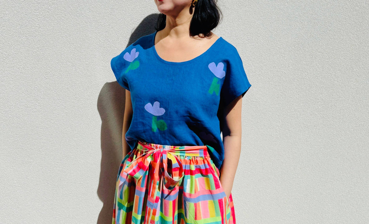 Blue Flower Linen Top